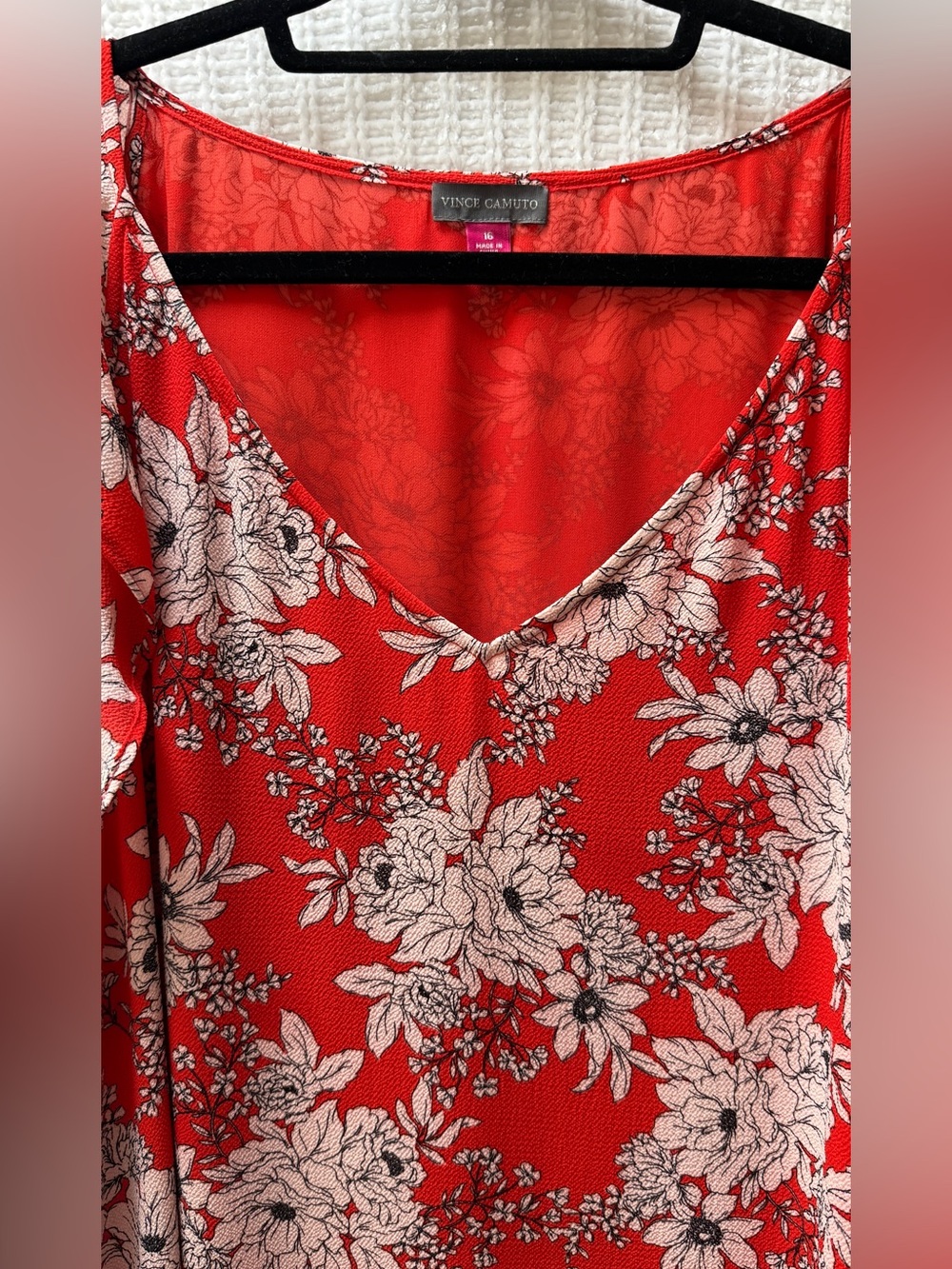 NWT Vince Camuto Women Dress Sz 16 Red Floral Boho Ruffle V-Neck Textured Crepe - Picture 7 of 11